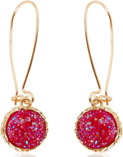 Humble Chic Simulated Druzy Threader Drop Earrings for Women - Gold, Silver, or Rose Gold Tone Trendy Boho Dangles with Sparkly Round Stone