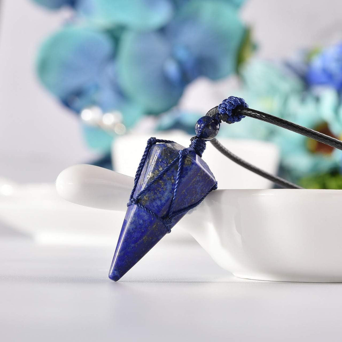 Lapis Lazuli Necklace Blue Quartz Crystal Dowsing Pendulum Divination Healing Necklace Cord Adjustable,Gemstone Hexagonal Pointed Cone Reiki Chakra Pendant