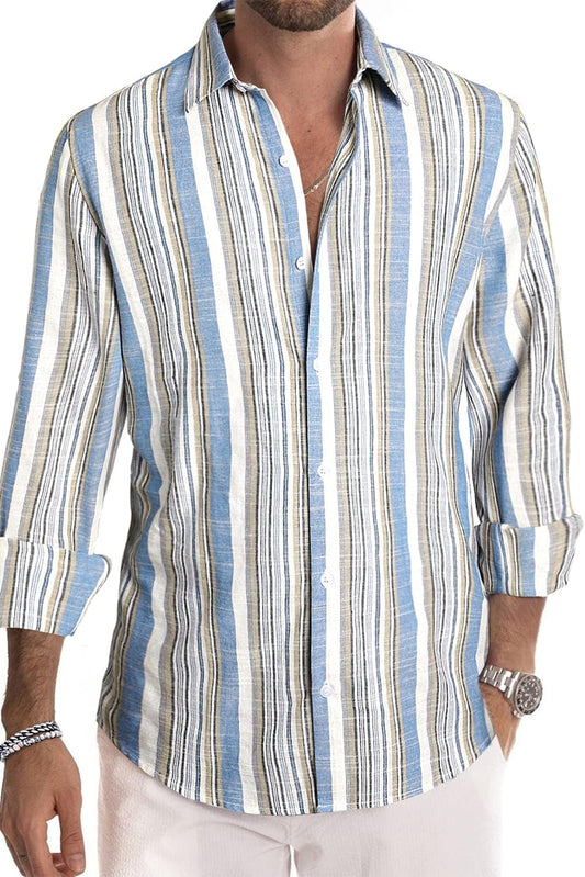 Men'S Cotton Shirts Casual Long Sleeve Button-Down Striped Dress Shirt