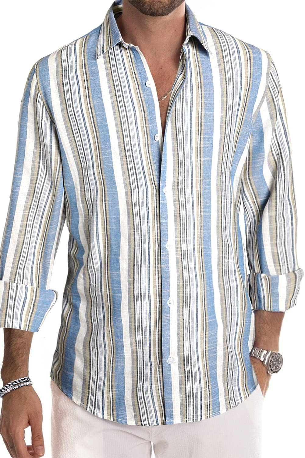 Men'S Cotton Shirts Casual Long Sleeve Button-Down Striped Dress Shirt