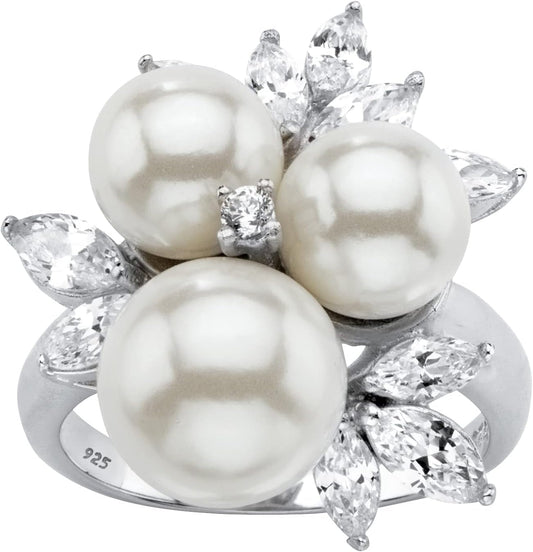 Platinum over Sterling Silver round Simulated Pearl and Cubic Zirconia Ring