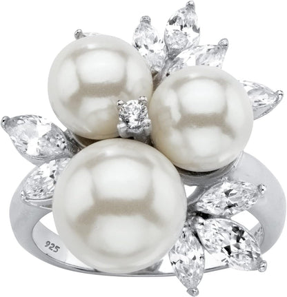 Platinum over Sterling Silver round Simulated Pearl and Cubic Zirconia Ring