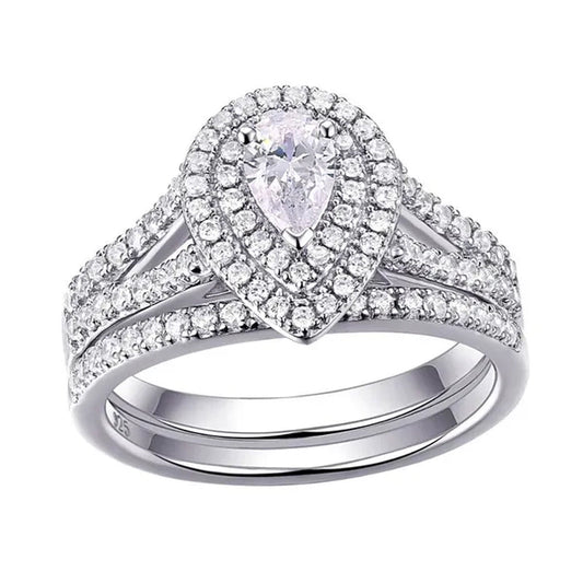 Newshe 2Pcs Wedding Ring Set Classic Jewelry Pear Shape 1.2 Carats AAAAA CZ 925 Sterling Silver Teardrop Engagement Rings for Women Size 5-12