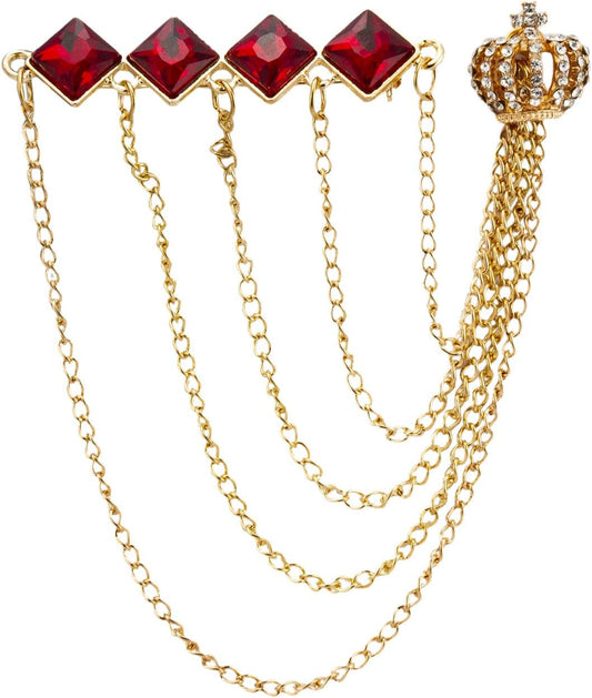 Brooch Pin Diamond Cut Red Stone Bar with Hanging Chains and Gold Crown Lapel Pin Accessories for Men Women