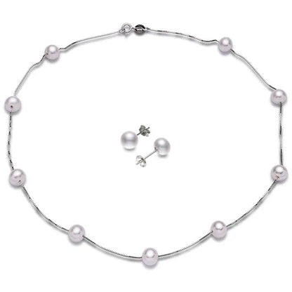 Trendy Simple 925 Sterling Silver with Natural Freshwater Pearl Necklace and Stud Earrings Jewelry Set for Women