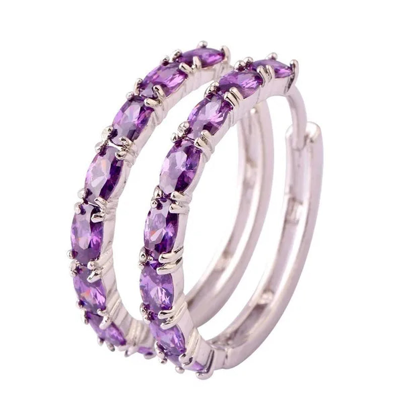 Fashion Women Oval Cut Amethyst Pink & White & Blue Topaz & Black Spinel & Morganite & Sapphire Quartz & Spinel & Emerald & Gemstone Ear Clip Hoop Silver Earrings