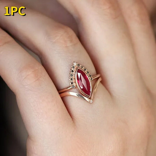 1PC Rose Gold Natural Rhombus 2 In 1 Ruby Engagement Ring Marquise Bridal Wedding Ring with Black Diamonds Women Ruby Ring Diamond Fine Jewelry