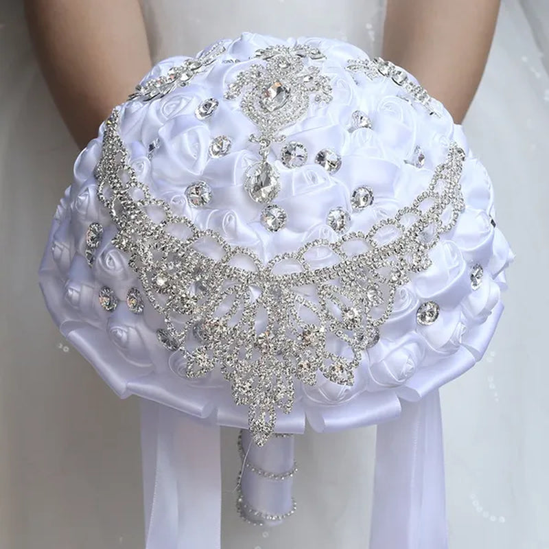 21cm Artificial Ribbon Rose Brooch Bouquets Crystal Handmade Bride Wedding Silk Flower Bouquet Party Rhinestone Bridal Bouquet Wedding Accessories