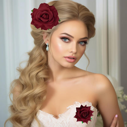 Rose Hair Clip Flower Hairpin Rose Brooch Floral Clips, 4 Pcs Fabric Rose Flowers Hair Clips Mexican Hair Flowers Pin up Headpieces for Woman Girl Wedding Party Mother'S Day (Dark Red)