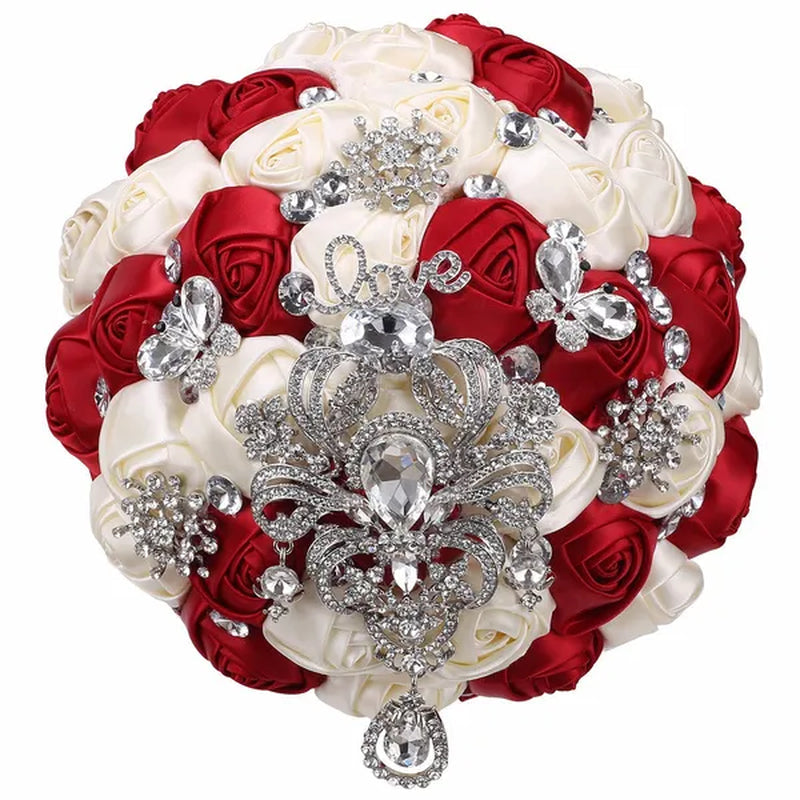 21CM Shiny Silver Rhinestone Brooch Bridal Bouquet Handmade Silk Rose Ribbon Diamond Wedding Flower Bouquet Bridesmaid Holding Flowers
