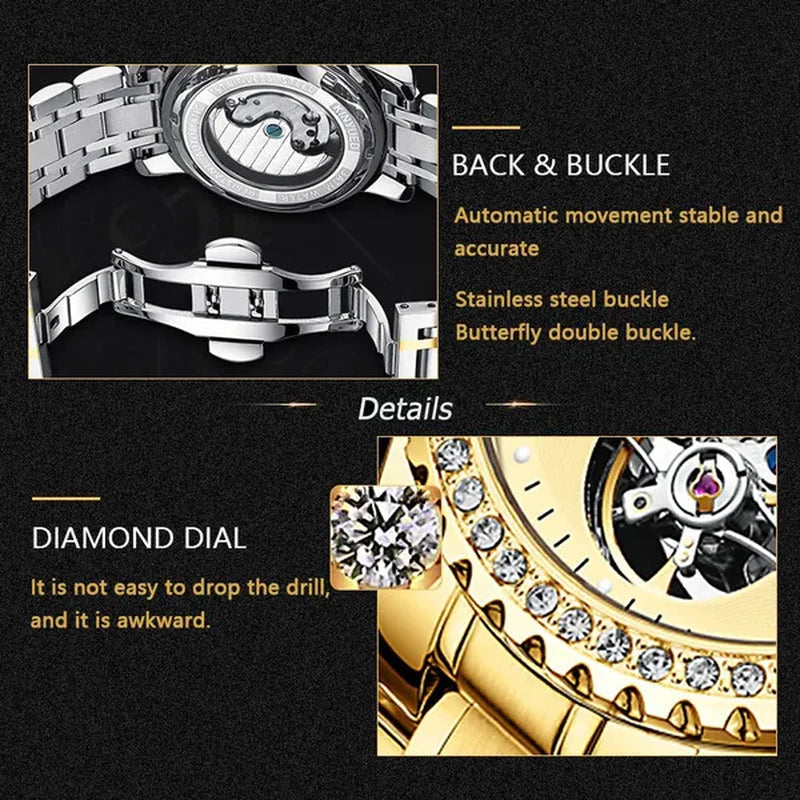 WOLF-CUB New Men Luxury Diamond Watch Full Gold Watch Tourbillon Mechanical Watch Automatic Watch Stainless Steel Waterproof Luminous Relogio Masculinos
