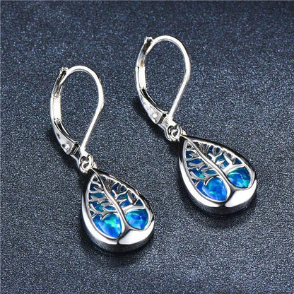 Luxurious Fashion 925 Sterling Silver Filled Life Tree Drop Earrings for Women Water Drop Stone Blue Fire Opal Birthstone Earrings