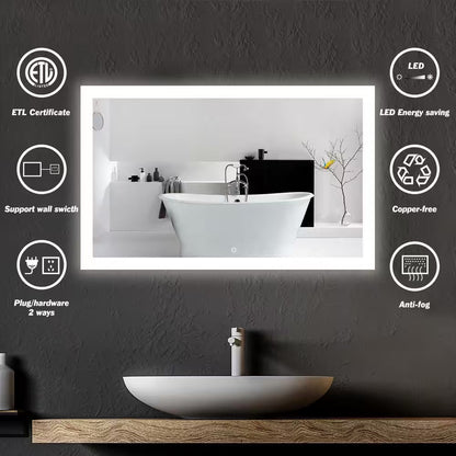 48 In. W X 30 In. H Large Rectangular Frameless LED Light with Anti-Fog Wall Mounted Bathroom Vanity Mirror