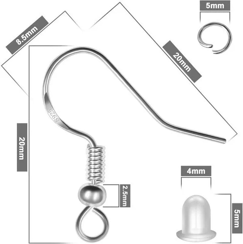 925 Sterling Silver Earring Hooks, 300PCS Earring Hooks Kit - 100PCS Hypoallergenic Earring Hooks for Jewelry Making with 100PCS Open Jump Rings and 100PCS Rubber Earring Backs