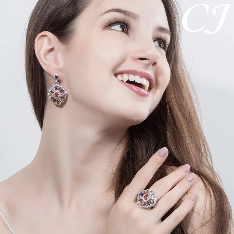 CANDICE Women Fashion Sterling Silver Plated Jewelry Summer New Design Paved Pink Purple Green Zircon Bling Lady Big Finger Rings（Us SIZE 6-9）