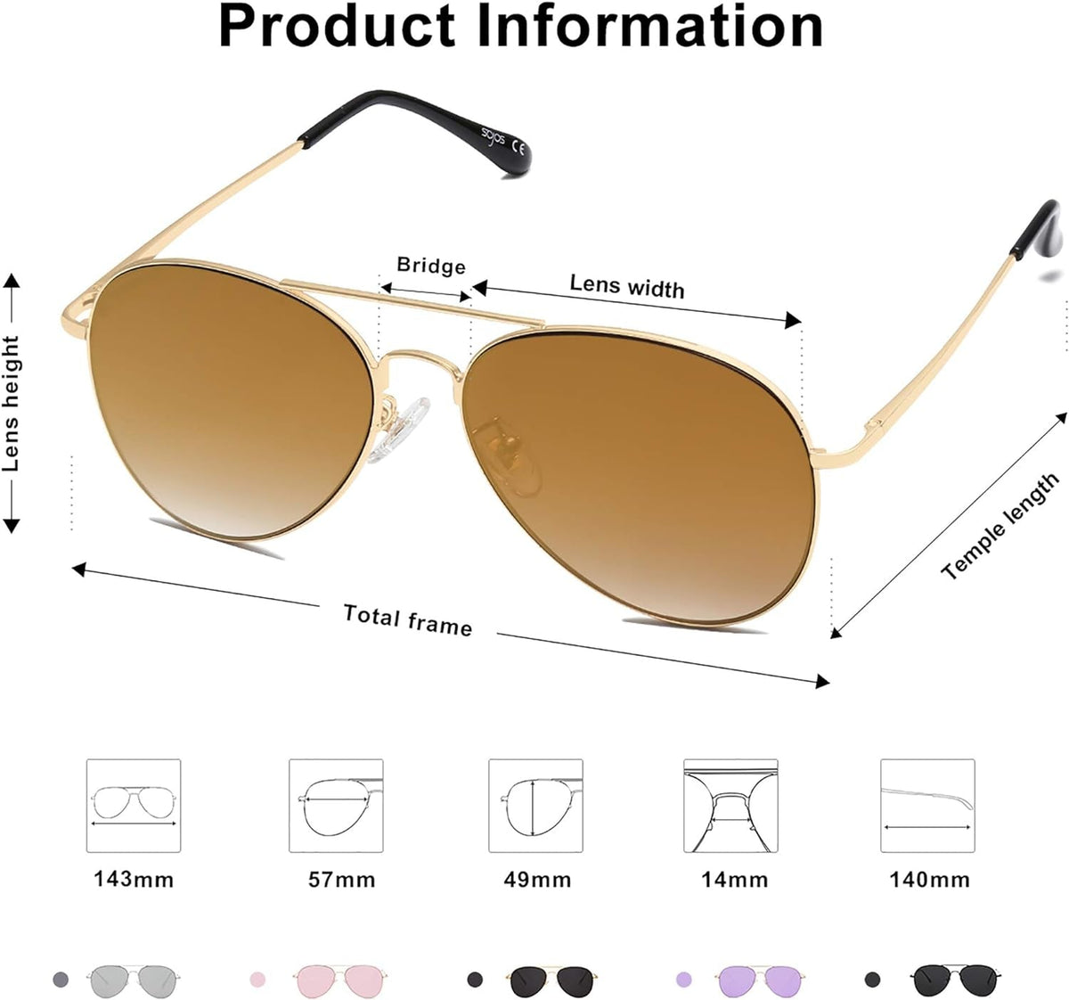 Classic Aviator Sunglasses for Women Men Metal Spring Hinges SJ1030