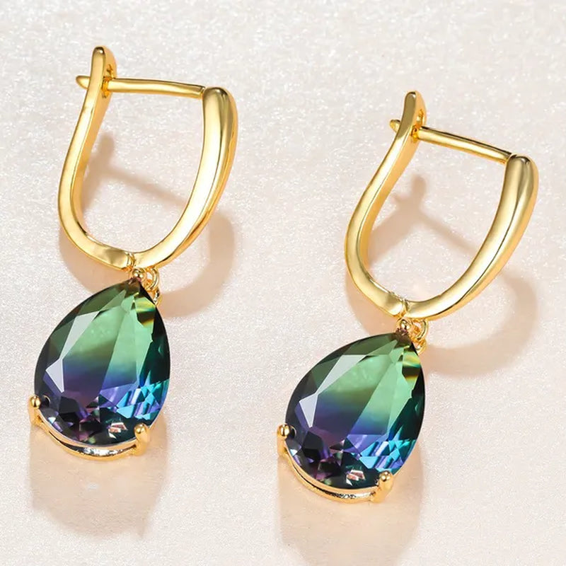 Delicate 18K Gold Waterdrop Cut Aquamarine&Green Purple Bi-colored Tourmaline Gemstone Drop Hook Earrings Bride Engagement Jewelry