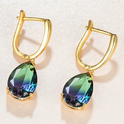 Delicate 18K Gold Waterdrop Cut Aquamarine&Green Purple Bi-colored Tourmaline Gemstone Drop Hook Earrings Bride Engagement Jewelry
