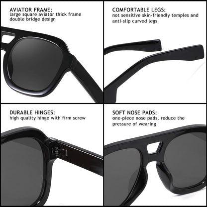 Vintage Aviator Sunglasses Double Bridge Women Men Large Square Thick Frame Trendy Eyewear UV400 B2846