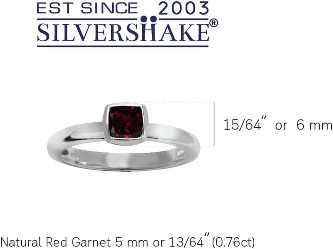 5MM Cushion Shape Birthstone Gemstone White Gold Plated or Yellow Gold Plated 925 Sterling Silver Stackable Bezel Set Solitaire Ring Jewelry for Women