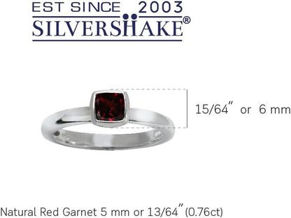 5MM Cushion Shape Birthstone Gemstone White Gold Plated or Yellow Gold Plated 925 Sterling Silver Stackable Bezel Set Solitaire Ring Jewelry for Women