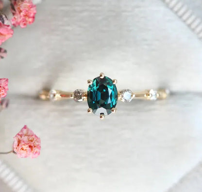 Teal Sapphire Ring, Peacock Engagement Ring, Ceylon Sapphire Diamond Ring, Oval Blue Ring