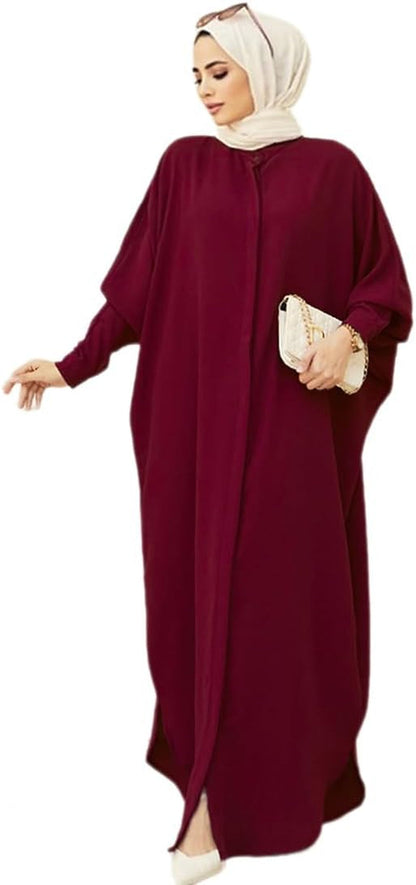 Muslim Dresses for Women Abaya Button down Henley Shirt Prayer Dress Batwing Long Sleeve Middle East Arabian Robe