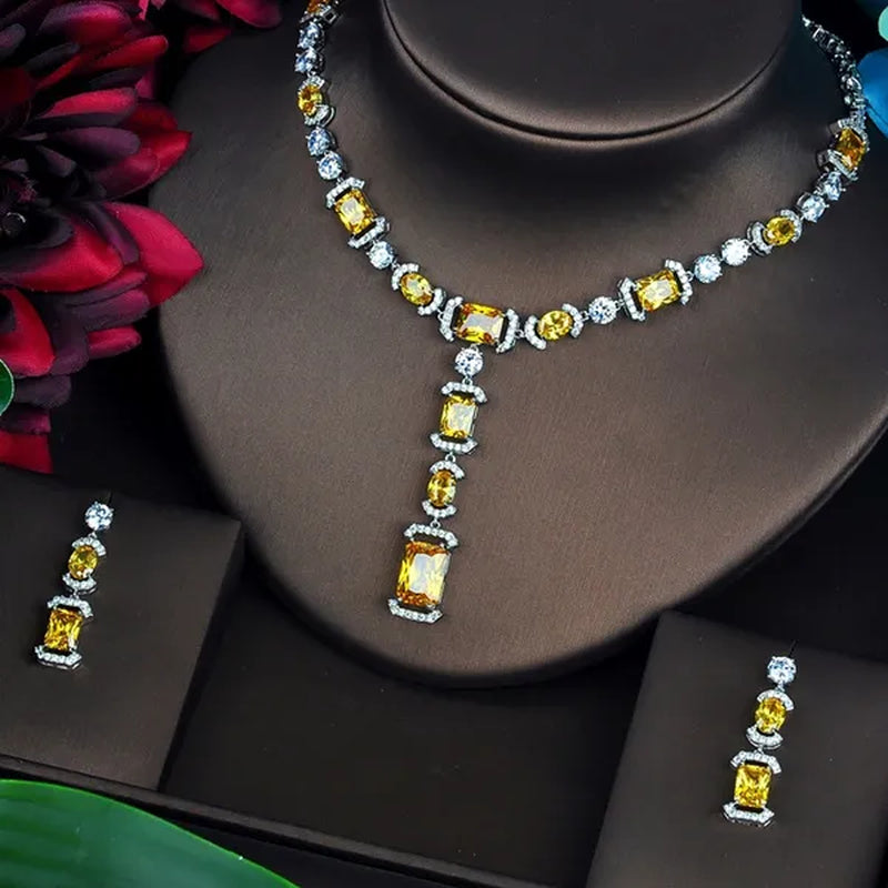 CANDICE Luxury White Gold Plated Bridal Party Jewelry Inlaid AAA Cubic Zirconia Long Drop Dangle Necklace Earrings Set for Women Wedding