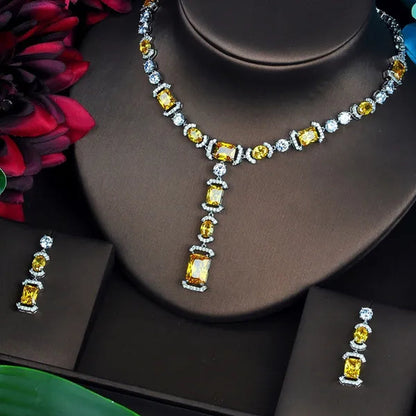 CANDICE Luxury White Gold Plated Bridal Party Jewelry Inlaid AAA Cubic Zirconia Long Drop Dangle Necklace Earrings Set for Women Wedding