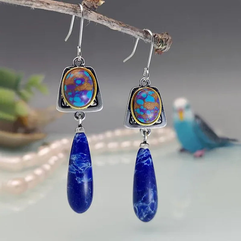 Exquisite Retro Bohemian Earrings Silver Plated Blue Stone Dangle Hook Earrings Bridal Wedding and Engagement Anniversary Gift Jewelry Earrings for Women