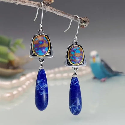 Exquisite Retro Bohemian Earrings Silver Plated Blue Stone Dangle Hook Earrings Bridal Wedding and Engagement Anniversary Gift Jewelry Earrings for Women