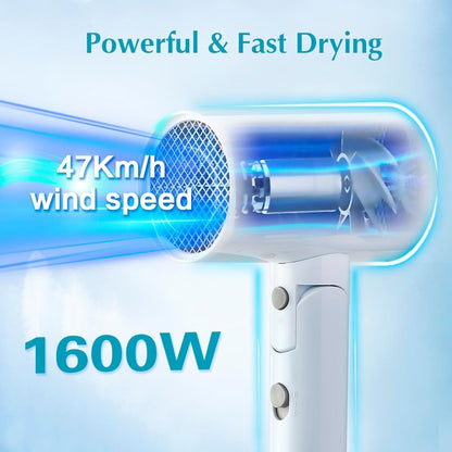 Hair Dryer, 1600W Small Foldable Hair Blow Dryer, Fast Drying Travel Hair Dryer, White