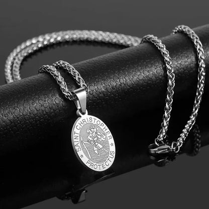 Religious Catholicism Amulet Oval Saint Christopher Necklace for Men Women, 316L Stainless Titanium Steel Catholic Patron Saint of Travellers St Christopher Pendant with Chain 23.6 Inches Black / Silver / Gold