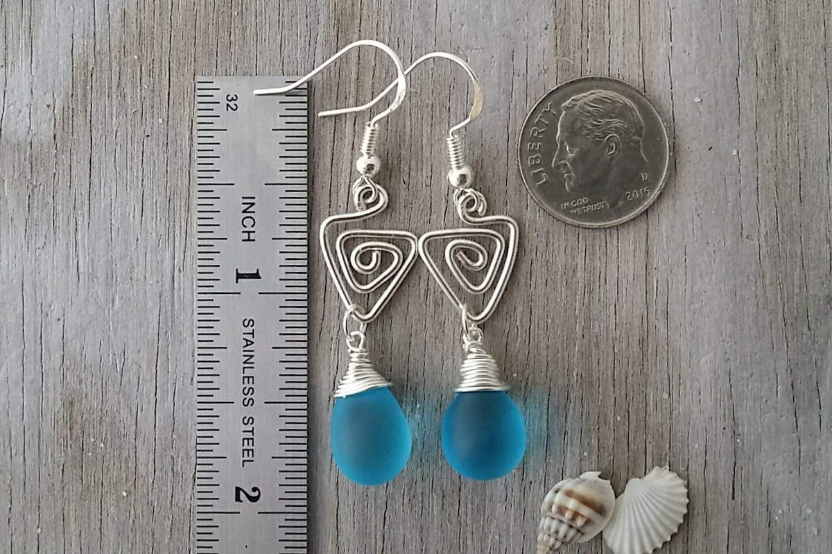 Handmade Sea Glass Earrings, Hawaiian Jewelry, Wire Turquoise Earrings Blue Earrings Teardrop Earrings, Sea Glass Jewelry For Women Birthday Gift For Her (December Birthstone Jewerly)