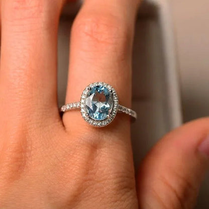 Brilliant Oval Aquamarine White Diamond Halo Ring 18K White Gold Bride Promise Wedding Engagement Jewelry Gifts