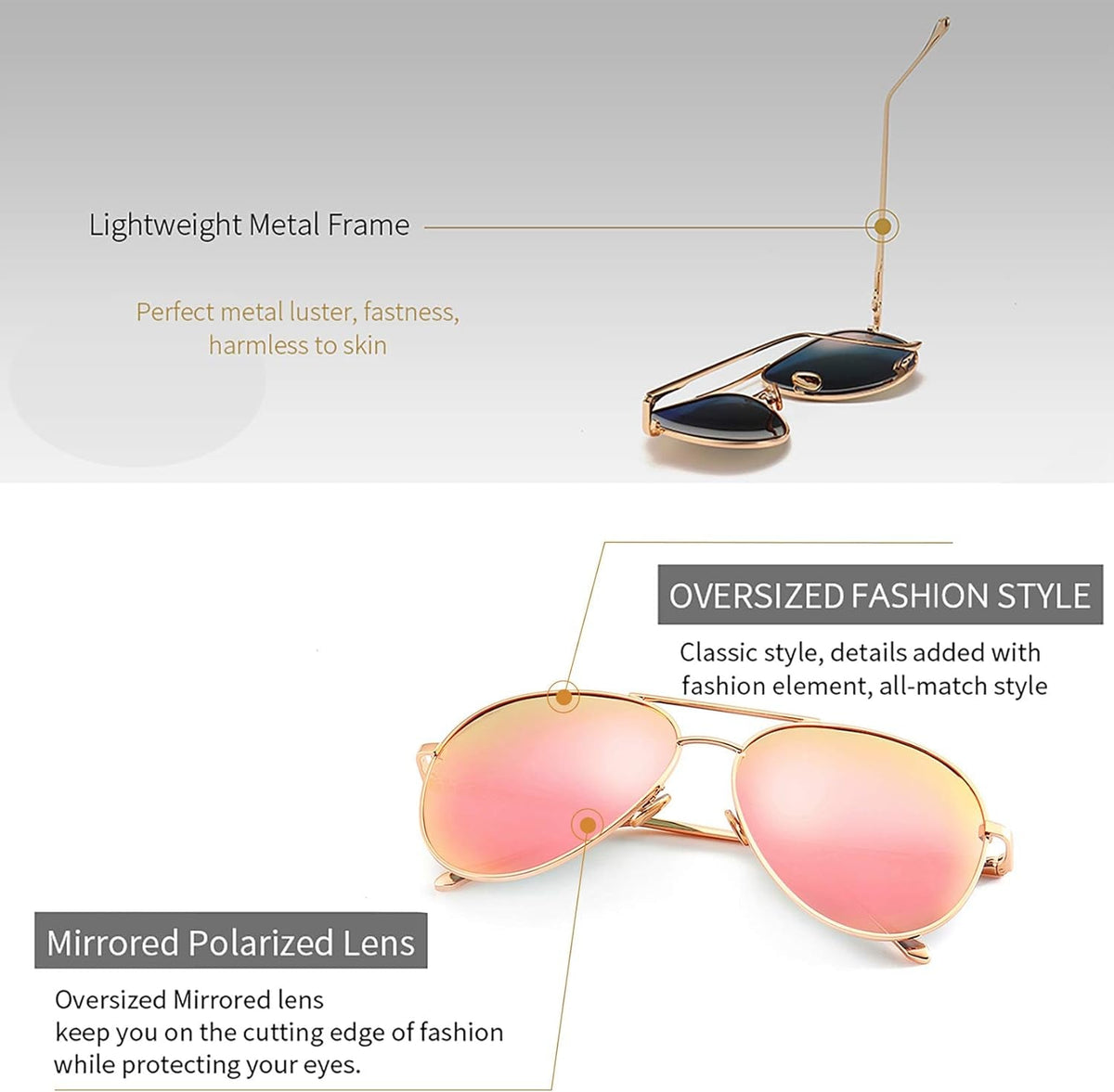 Women's Lightweight Oversized Aviator Sunglasses - Mirrored Polarized Lens