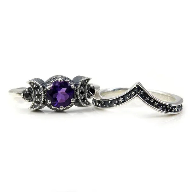 Hecate Triple Moon Ring Set Silver and Black Diamond Engagement Rings  Amethyst or Red Crystal Wedding Ring Unique Moon Goddess Rings for Women Fashion Jewelry Boho & Hippie & Gothic Anniversary Gift