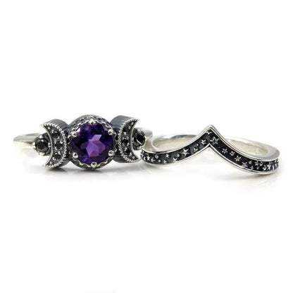 Hecate Triple Moon Ring Set Silver and Black Diamond Engagement Rings  Amethyst or Red Crystal Wedding Ring Unique Moon Goddess Rings for Women Fashion Jewelry Boho & Hippie & Gothic Anniversary Gift