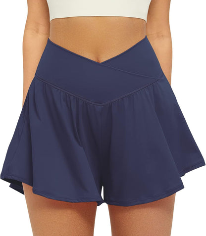 Crossover Athletic Shorts for Women 2 in 1 Flowy Running Shorts with Pockets Spandex Butterfly Workout Tennis Skorts