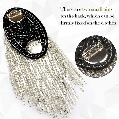 2 Pieces Tassel Epaulets Metal Fashion Shoulder Jewelry Rhinestones Cloth Accessories Brooches for Women, 2×3.7In (Silver)