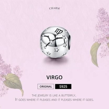 European Hot 12 Constellation Zodiac Round 925 Sterling Silver Beads Charm for Women Bracelet  Shining CZ Charm Fit Original Bangle Necklace DIY Jewelry Making