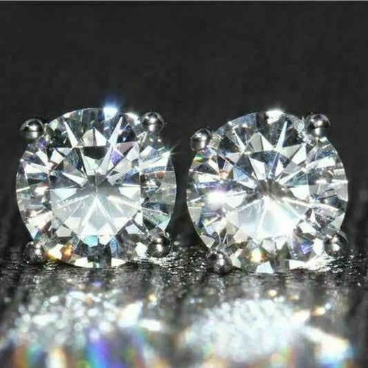 Dazzling 925 Solid Sterling Silver Round Brilliant Cut White Sapphire Diamond Moissanite Solitaire Stud Earrings (S925 STAMP)