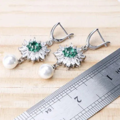 Elegant Lady Ring Earrings Bracelet Necklace 925 Silver Jewelry Set Exquisite Flower Shaped Green Gem White Diamond Pearl Party Jewelry Wedding Engagement Set Jewelry Anniversary Gift Ring Size 5-11