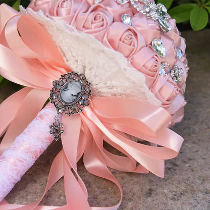 18CM Luxury Crystal Brooch Bride Bouquet Holding Flower Ribbon Lace Wedding Bouquet Artificial Simulation Rose Wedding Flower Bridesmaid Bouquet