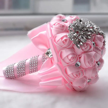 18CM Silk Rose Ribbon Wedding Bouquet Shiny Diamond Brooch Bridal Bouquet Creative Handmade DIY Bridesmaids Holding Flowers Wedding Party Simulation Flower