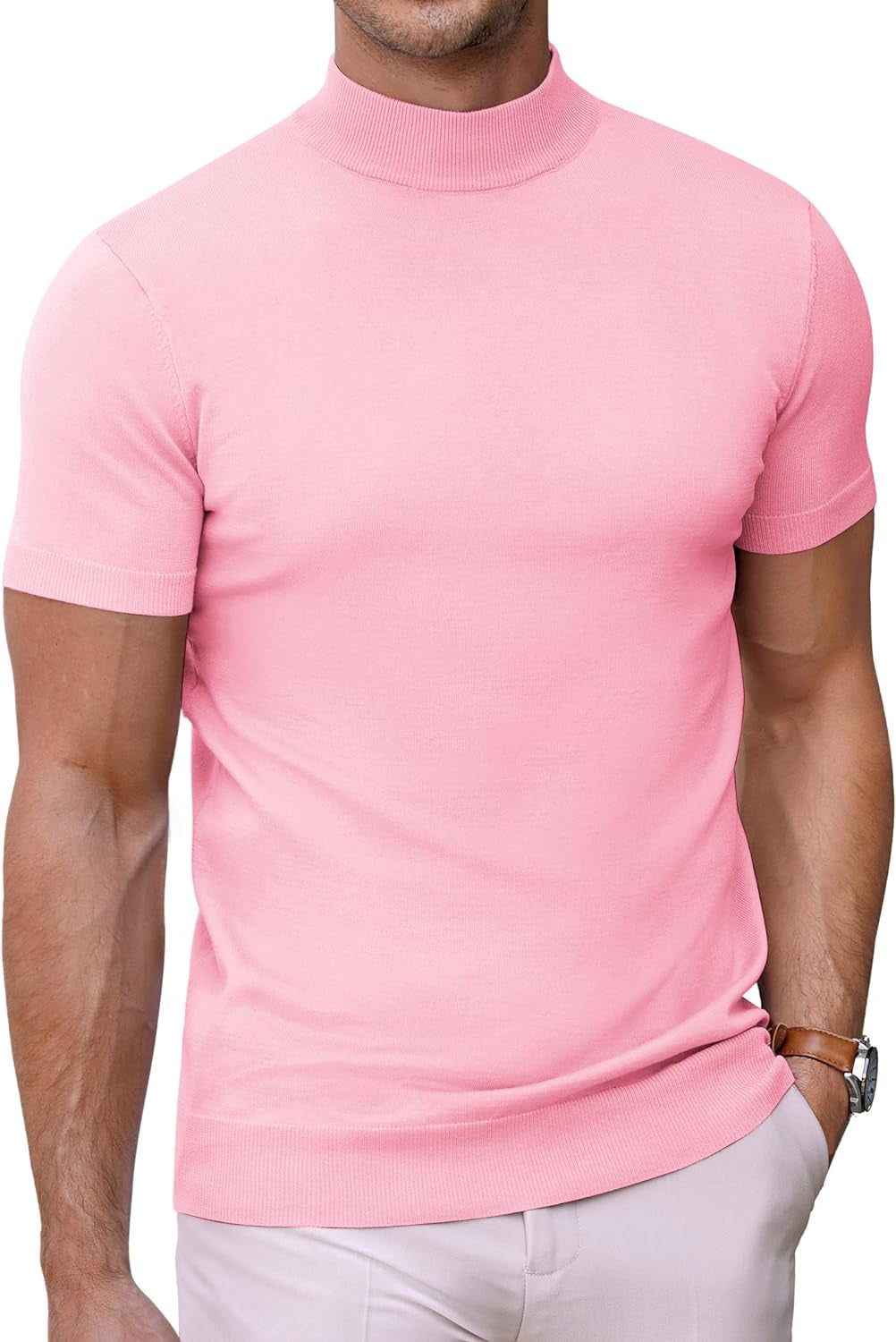 Mens Mock Turtleneck Sweater Short Sleeve Solid Color T-Shirts Basic Slim Fit Knitted Pullover Tees