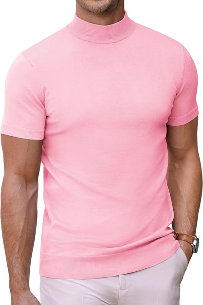 Mens Mock Turtleneck Sweater Short Sleeve Solid Color T-Shirts Basic Slim Fit Knitted Pullover Tees