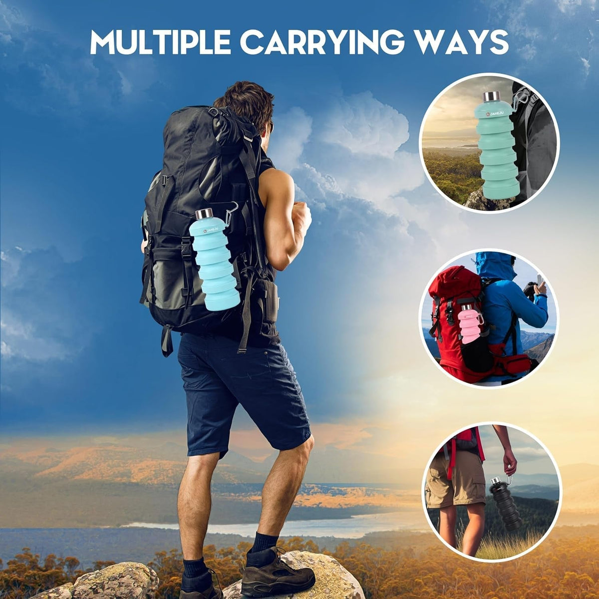 Janeju Collapsible Water Bottle, 32Oz BPA Free Silicone Reusable Portable Lightweight Foldable Water Bottles with Carabiner, Leak Proof Sports Water Bottle with Stainless Twist Cap (Blue)