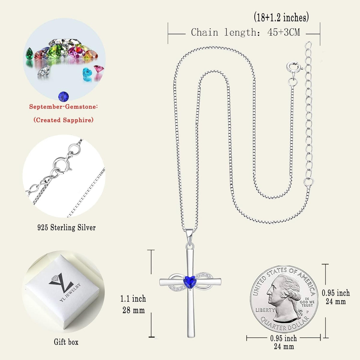 Infinity Cross Necklace Sterling Silver Crucifix Pendant Gemstones Criss Jewelry for Women