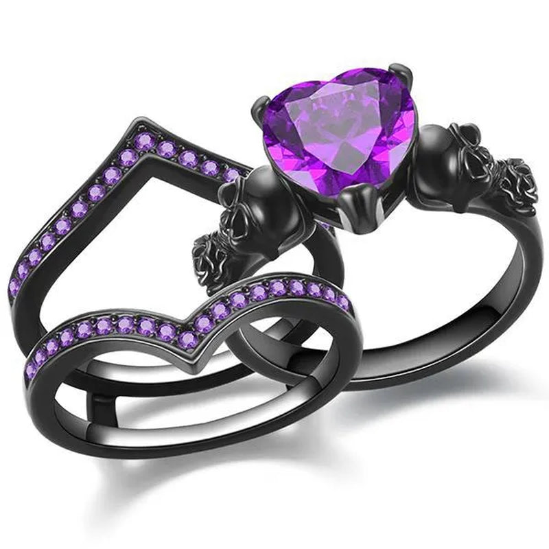 Gothic Black Rose Flower Skull Engagement Rings Set Red Purple Heart-shaped Zircon Crystal Wedding Anniversary Holiday Gift Jewelry Halloween Gifts